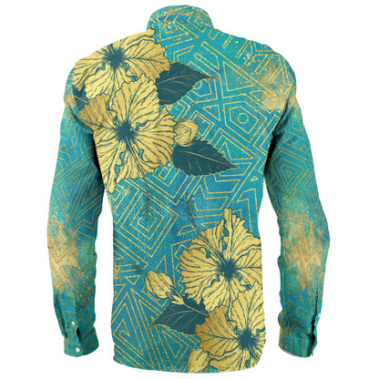 Hawaii Long Sleeve Shirt Golden Hibiscus Turquoise Color Tribal Pattern