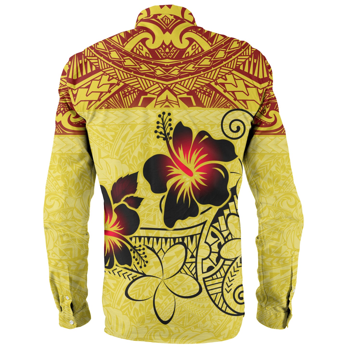 Hawaii Long Sleeve Shirt Polynesian Tribal Patterns Hibiscus Flowers Yellow Color
