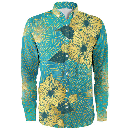 Hawaii Long Sleeve Shirt Golden Hibiscus Turquoise Color Tribal Pattern