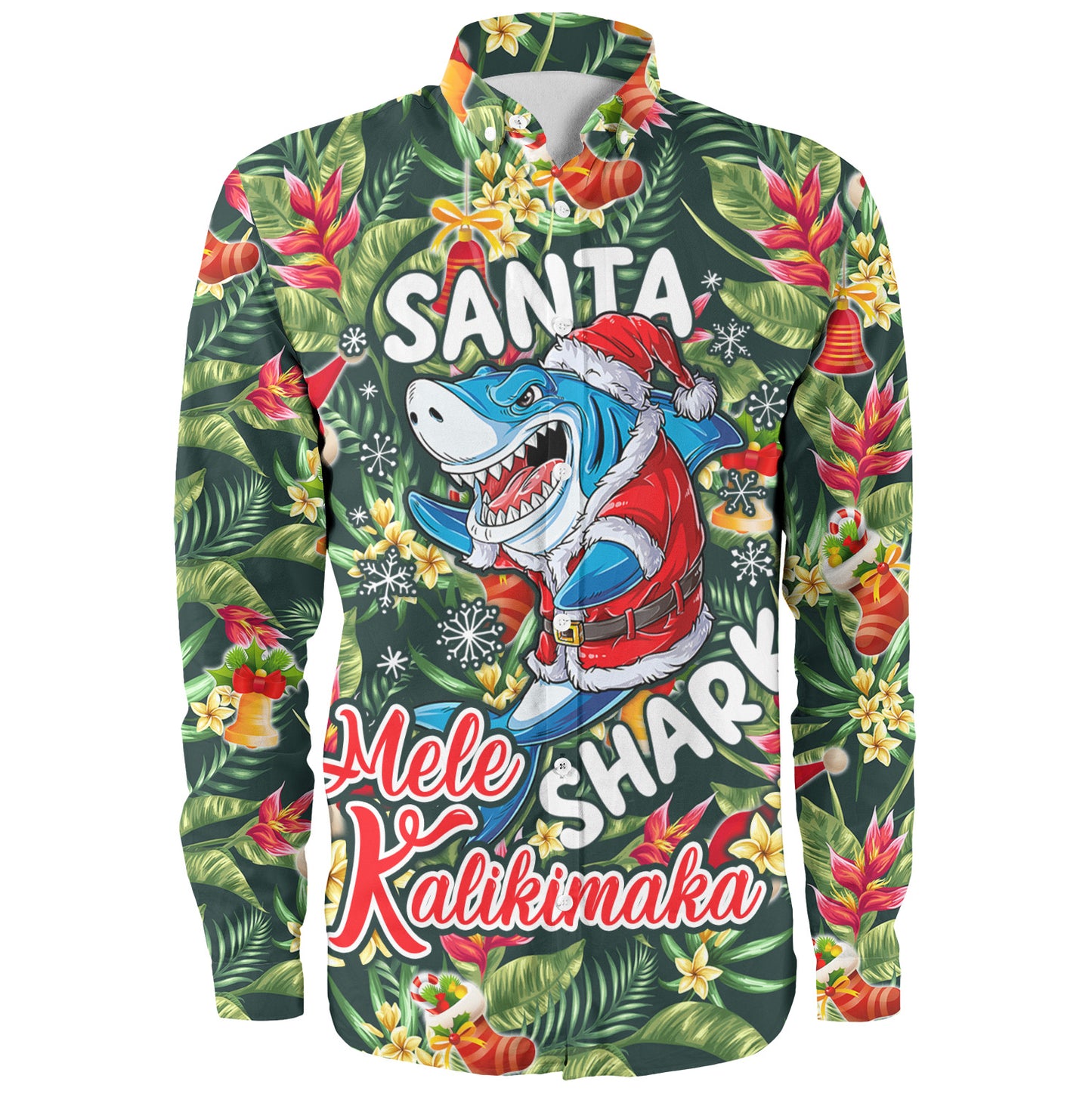Hawaii Long Sleeve Shirt Mele Kalikimaka Santa Shark Tropical Style