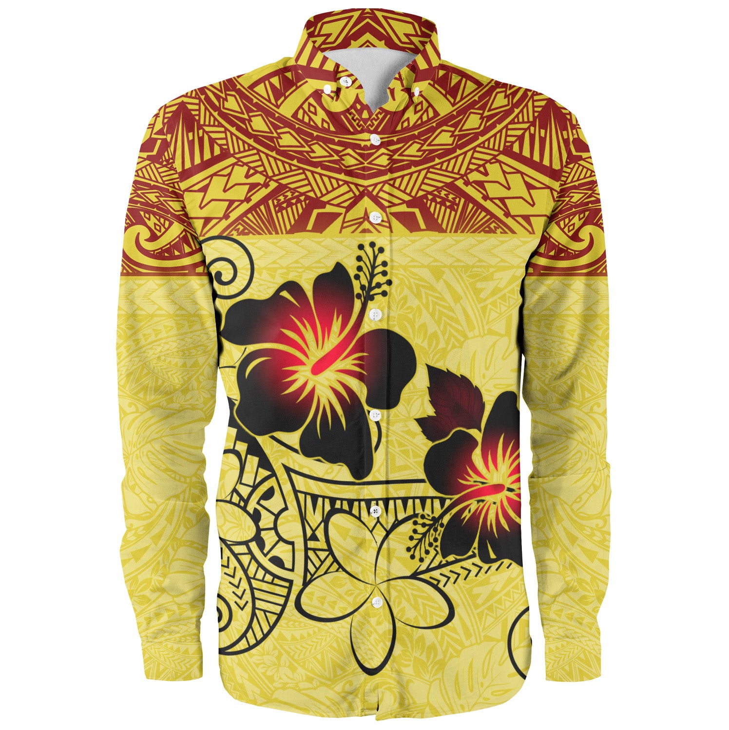 Hawaii Long Sleeve Shirt Polynesian Tribal Patterns Hibiscus Flowers Yellow Color