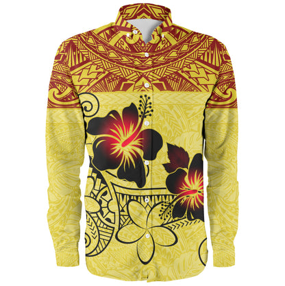 Hawaii Long Sleeve Shirt Polynesian Tribal Patterns Hibiscus Flowers Yellow Color