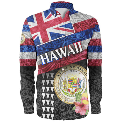 Hawaii Long Sleeve Shirt Hawaiian Flag Polynesian Tribal Hibiscus Style
