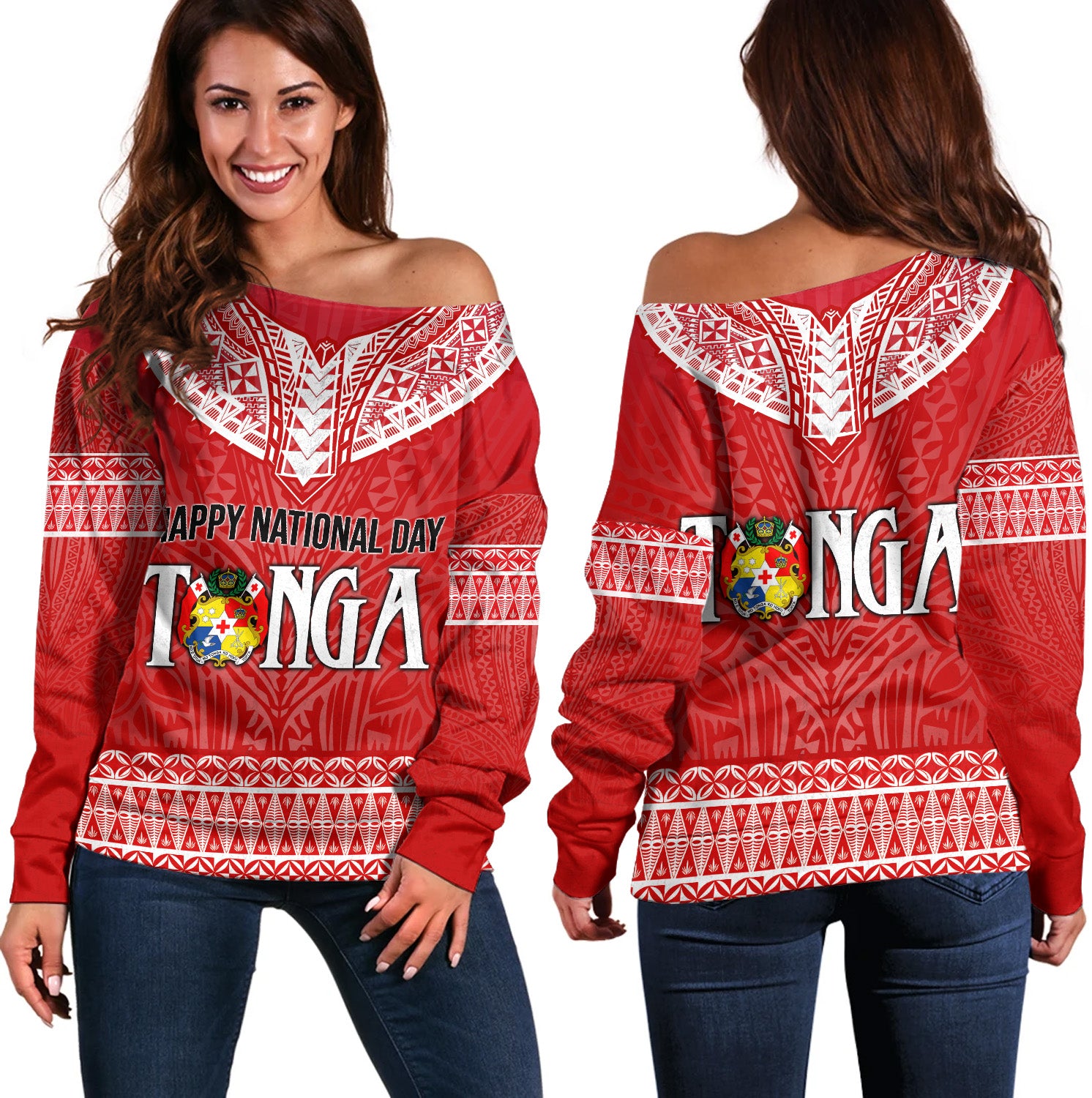 Tonga Custom Personalised Off Shoulder Sweatshirt Happy National Day