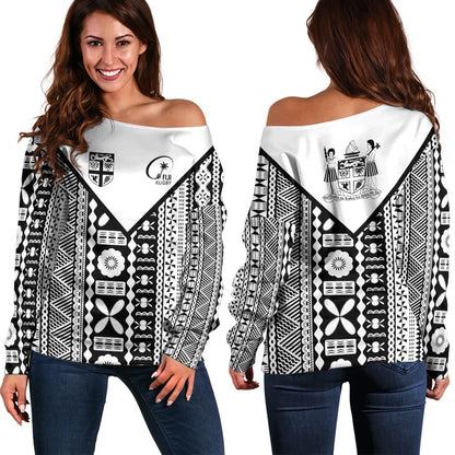 Fiji Rugby Tapa Off Shoulder Sweatshirt Fiji Flag Coat Of Arms Pattern