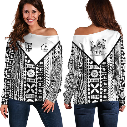 Fiji Rugby Tapa Off Shoulder Sweatshirt Fiji Flag Coat Of Arms Pattern