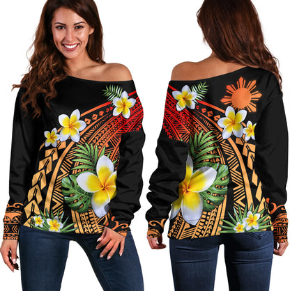 Philippines Filipinos Off Shoulder Sweatshirt Plumeria Polynesian Pattern