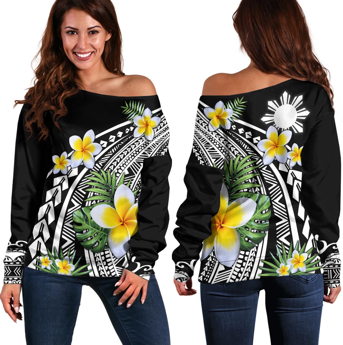 Philippines Filipinos Off Shoulder Sweatshirt Plumeria Polynesian Pattern