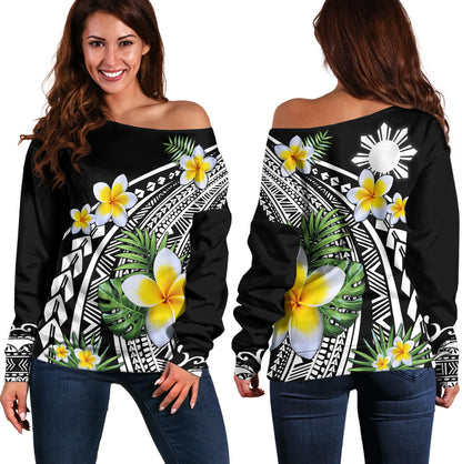 Philippines Filipinos Off Shoulder Sweatshirt Plumeria Polynesian Pattern