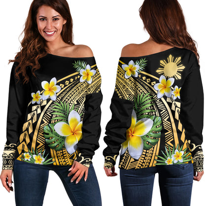Philippines Filipinos Off Shoulder Sweatshirt Plumeria Polynesian Pattern