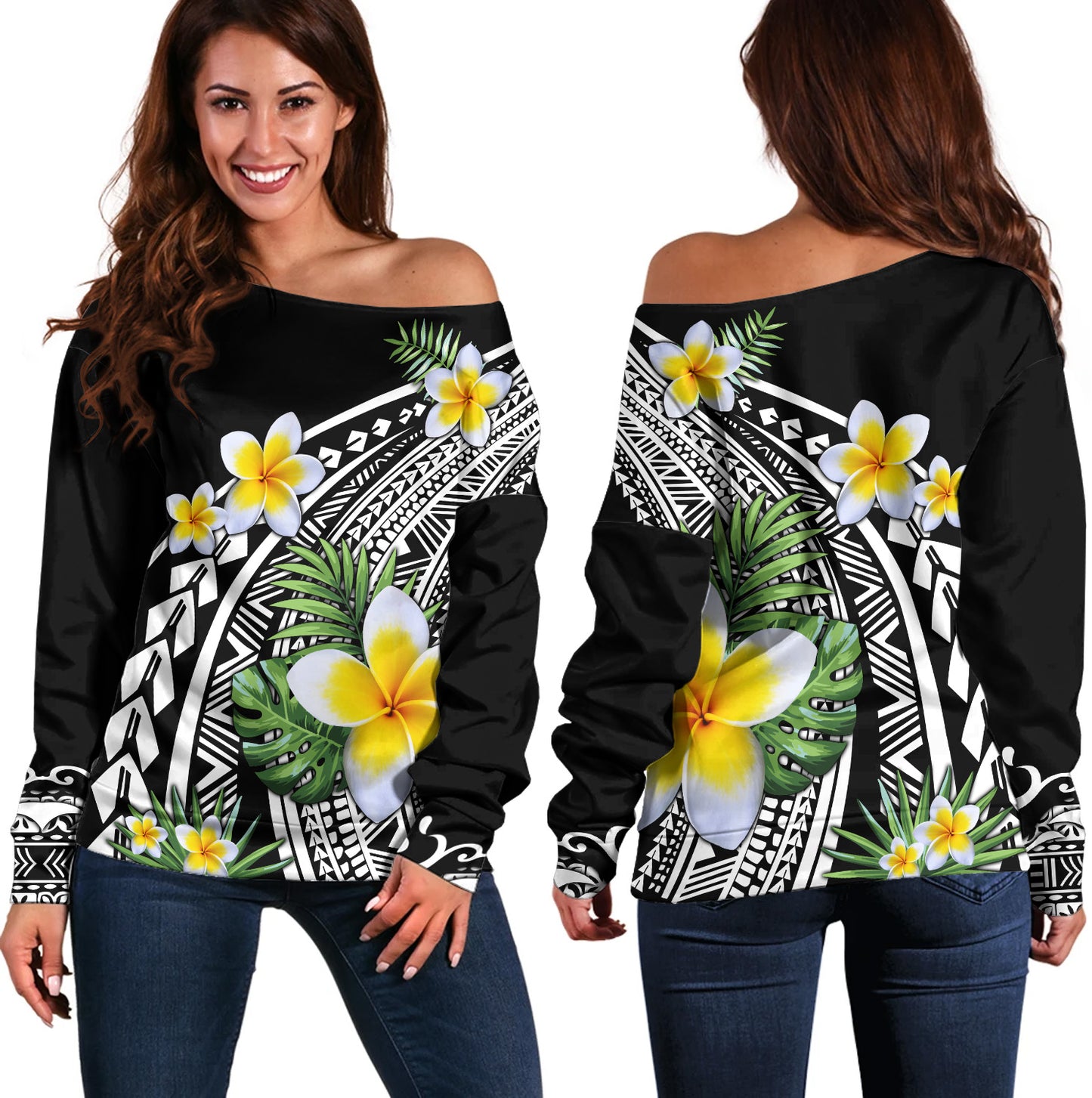 Hawaii Off Shoulder Sweatshirt Plumeria Polynesian Pattern