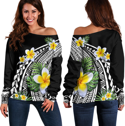 Hawaii Off Shoulder Sweatshirt Plumeria Polynesian Pattern