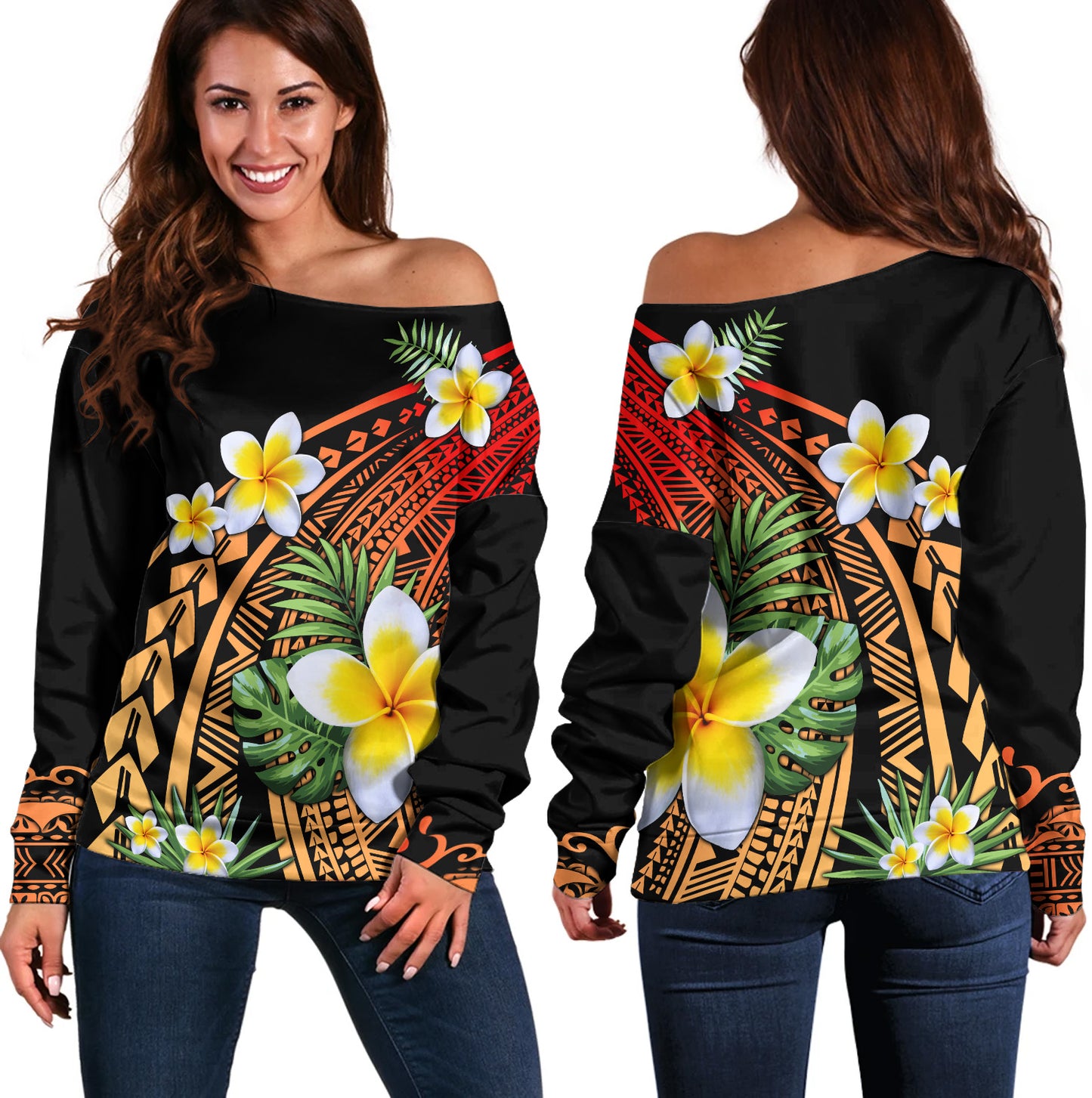 Hawaii Off Shoulder Sweatshirt Plumeria Polynesian Pattern