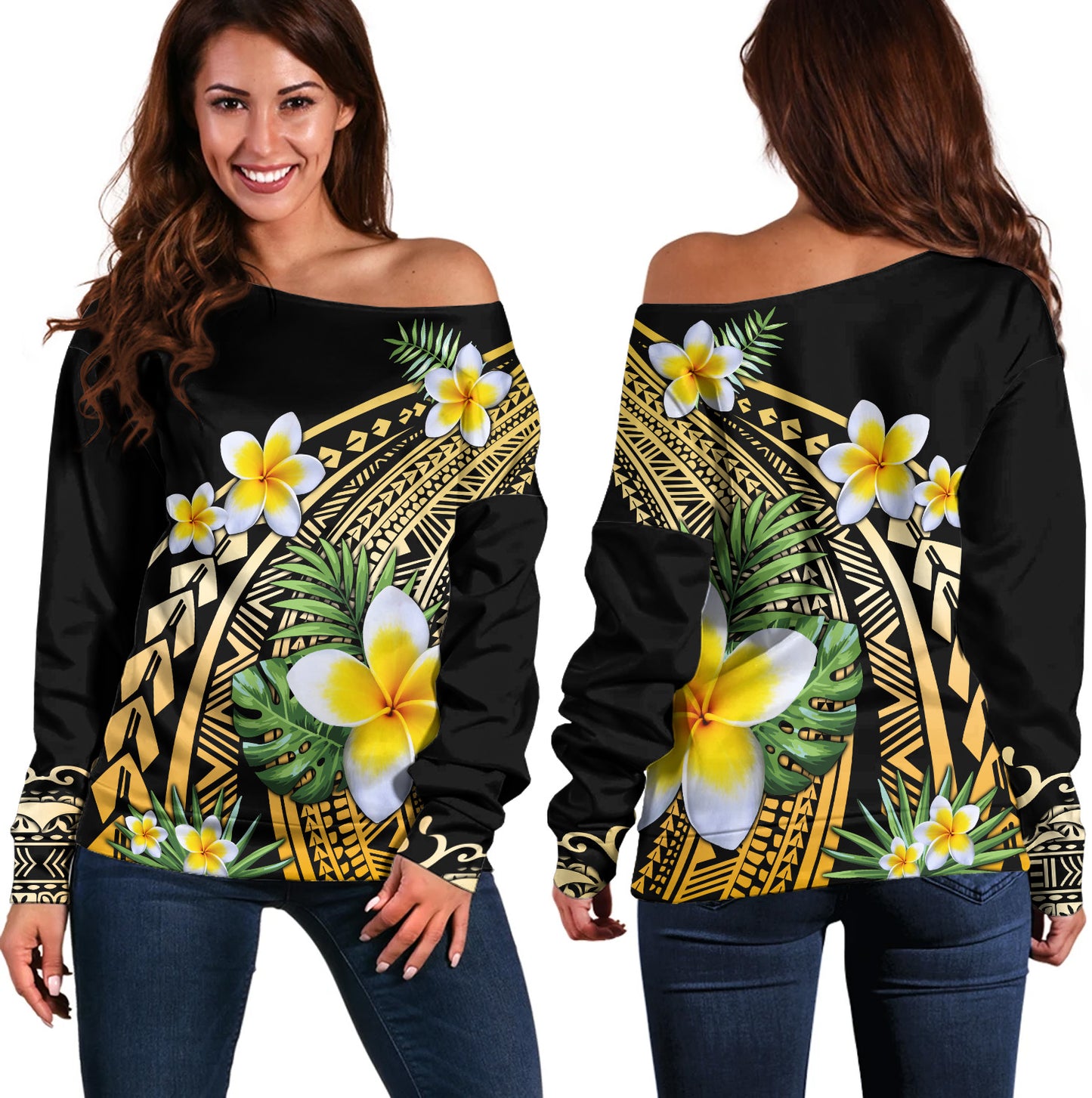Hawaii Off Shoulder Sweatshirt Plumeria Polynesian Pattern