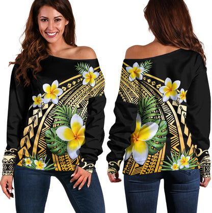 Hawaii Off Shoulder Sweatshirt Plumeria Polynesian Pattern