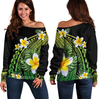 Hawaii Off Shoulder Sweatshirt Plumeria Polynesian Pattern