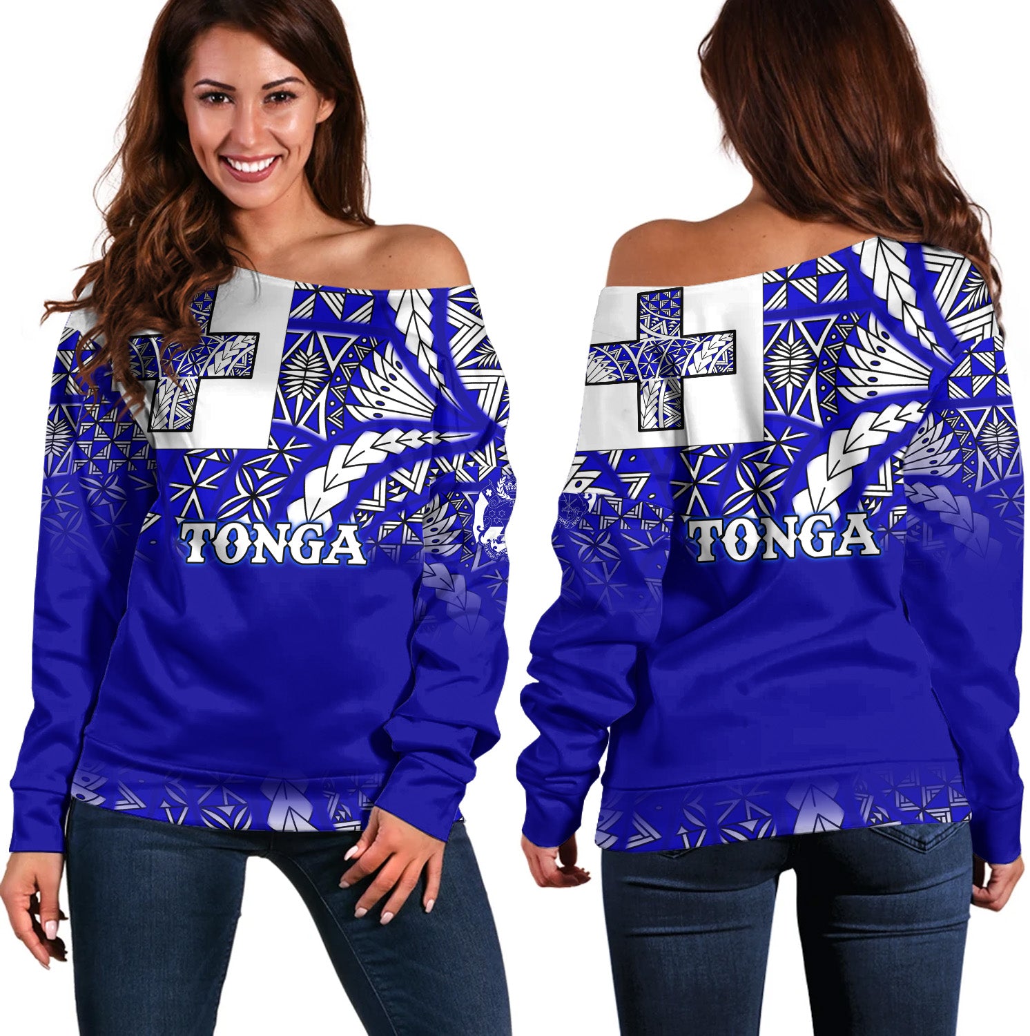 Tonga Off Shoulder Sweatshirt Tonga Blue Color With Traditional Patterns