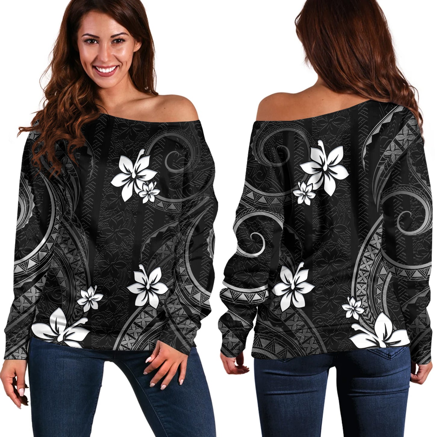 Hawaii Off Shoulder Sweatshirt Polynesian Pattern Plumeria