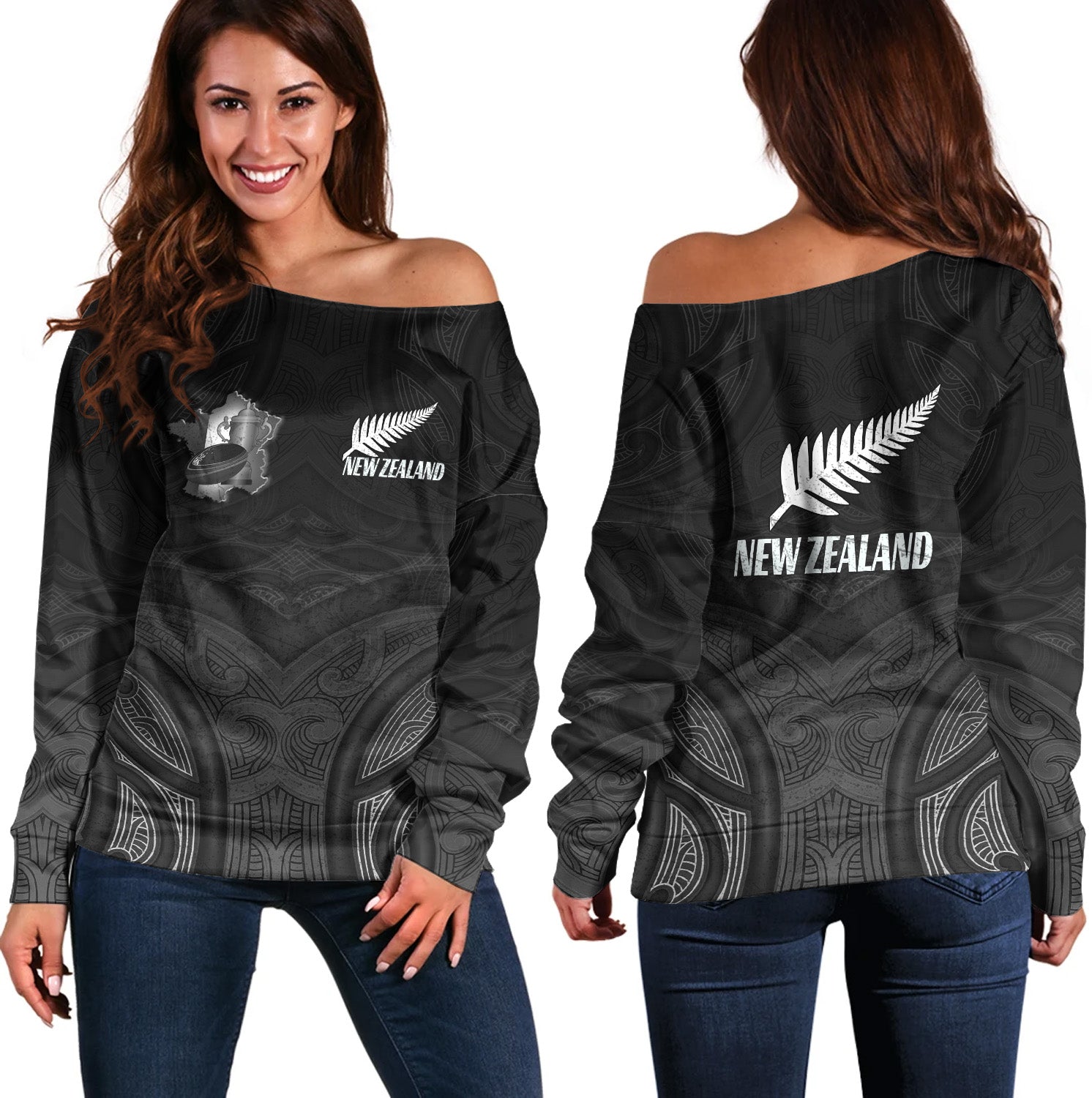 New Zealand Off Shoulder Sweatshirt Rugby Ball Style