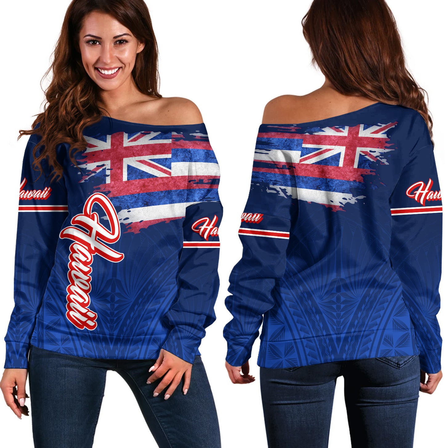 Hawaii Off Shoulder Sweatshirt Hawaii Flag Blue Color Polynesian Patterns Grunge Style
