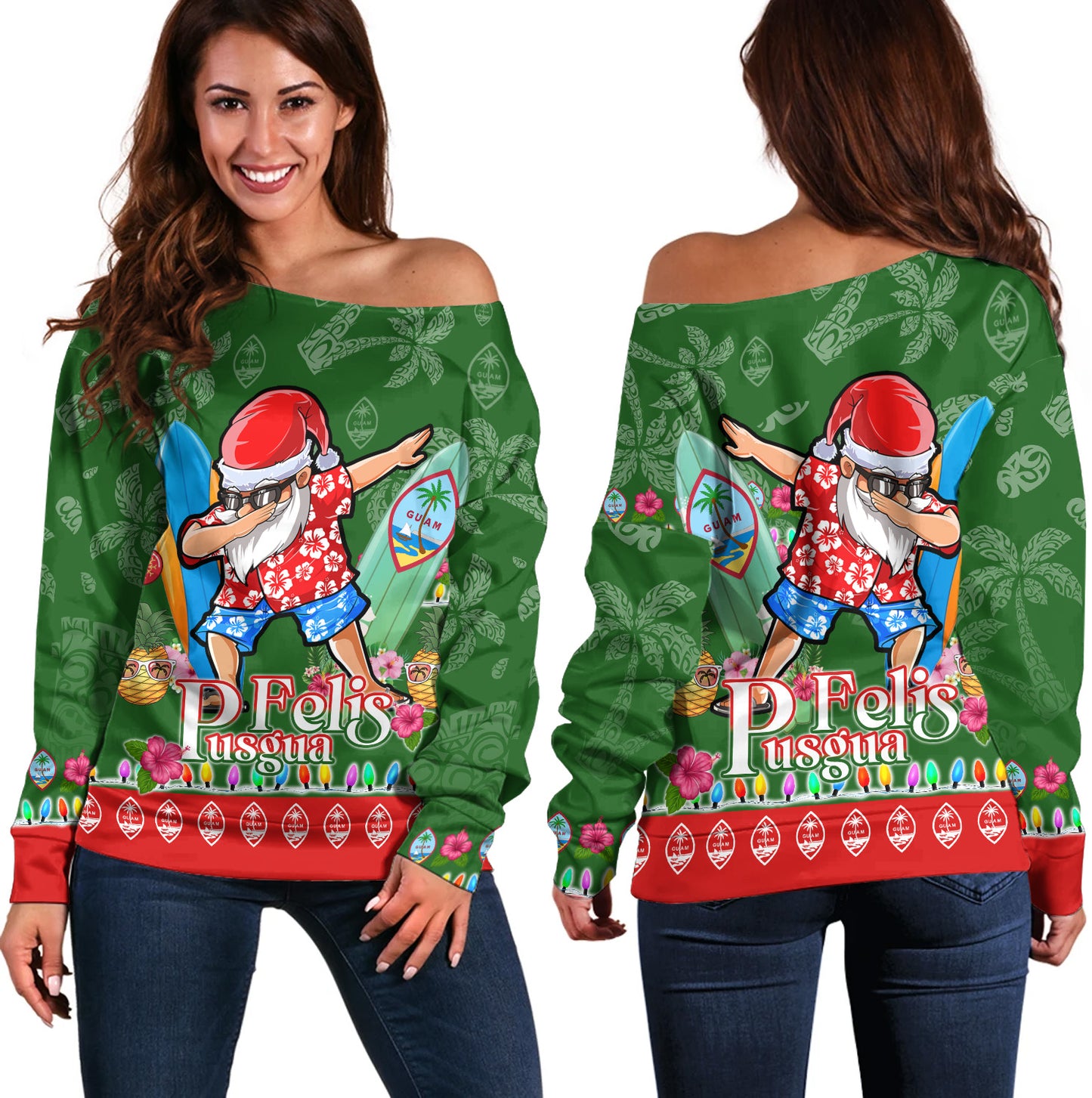 Guam Off Shoulder Sweatshirt Felis Pusgua Tropical Xmas Patterns