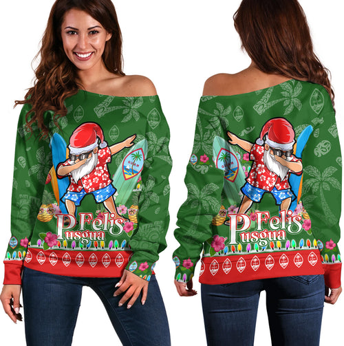 Guam Off Shoulder Sweatshirt Felis Pusgua Tropical Xmas Patterns