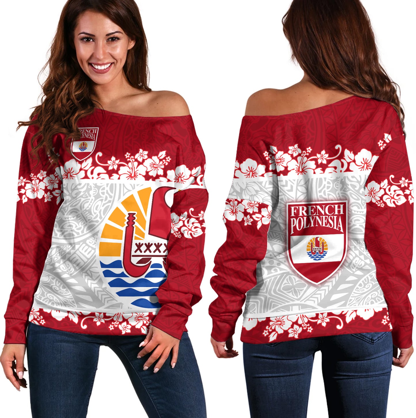 French Polynesia Off Shoulder Sweatshirt Seal With Plumeria Flowers Polynesia Patterns