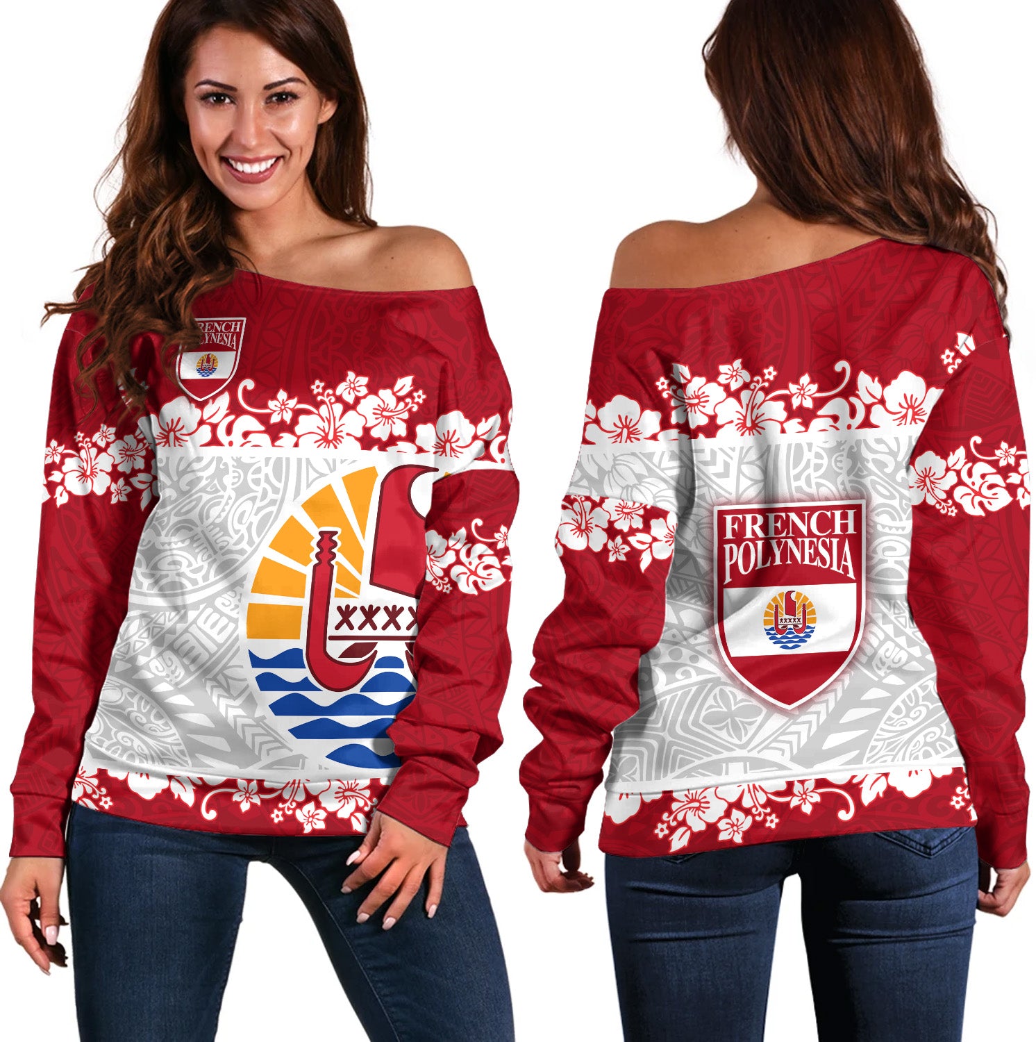 French Polynesia Off Shoulder Sweatshirt Seal With Plumeria Flowers Polynesia Patterns