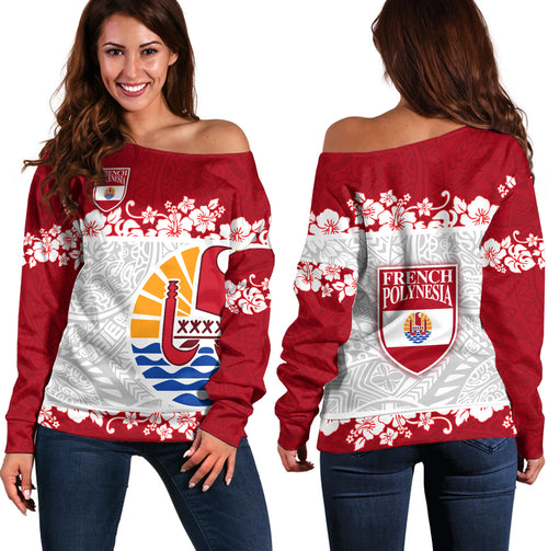 French Polynesia Off Shoulder Sweatshirt Seal With Plumeria Flowers Polynesia Patterns