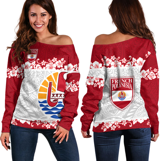 French Polynesia Off Shoulder Sweatshirt Seal With Plumeria Flowers Polynesia Patterns