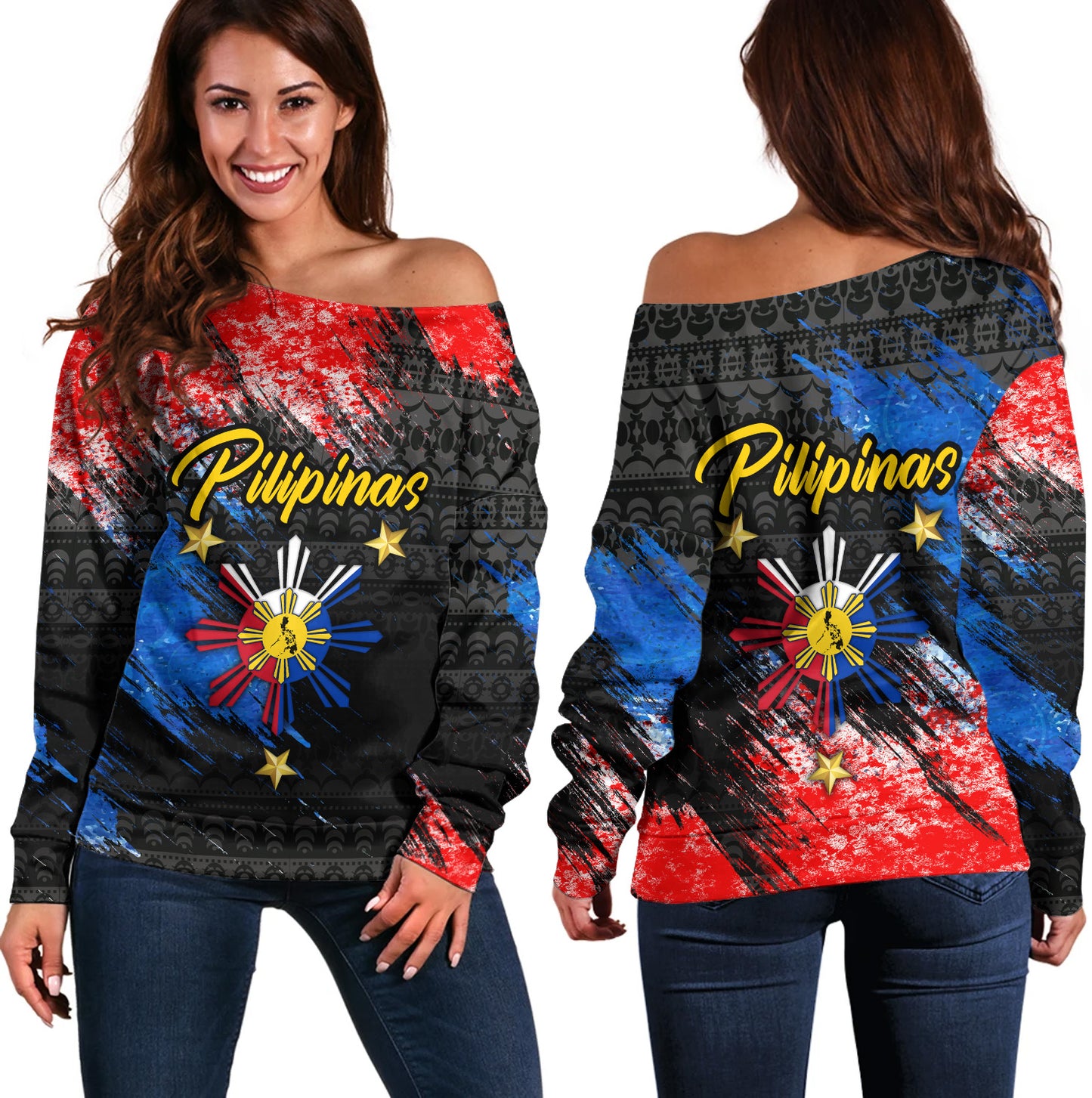 Philippines Filipinos Off Shoulder Sweatshirt Pilipinas Sun Grunge Style