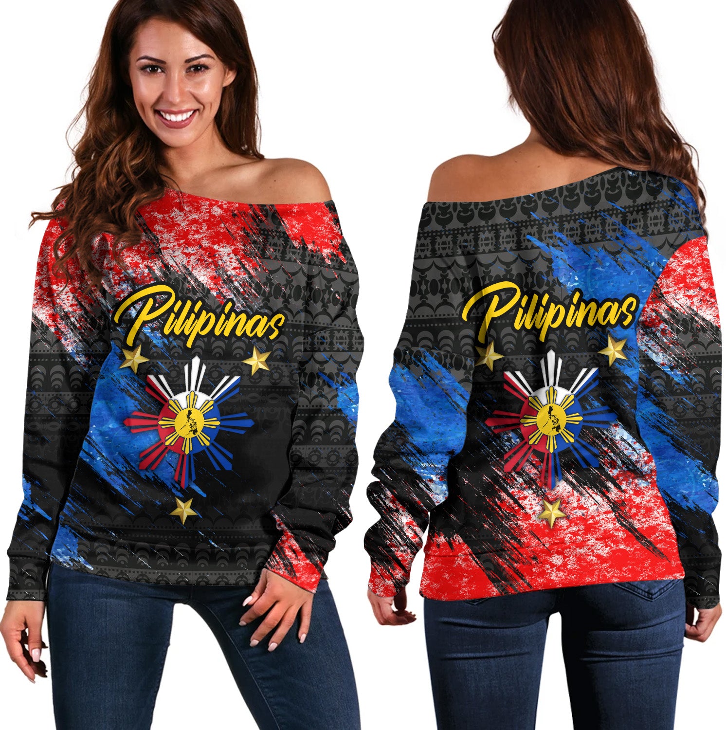 Philippines Filipinos Off Shoulder Sweatshirt Pilipinas Sun Grunge Style