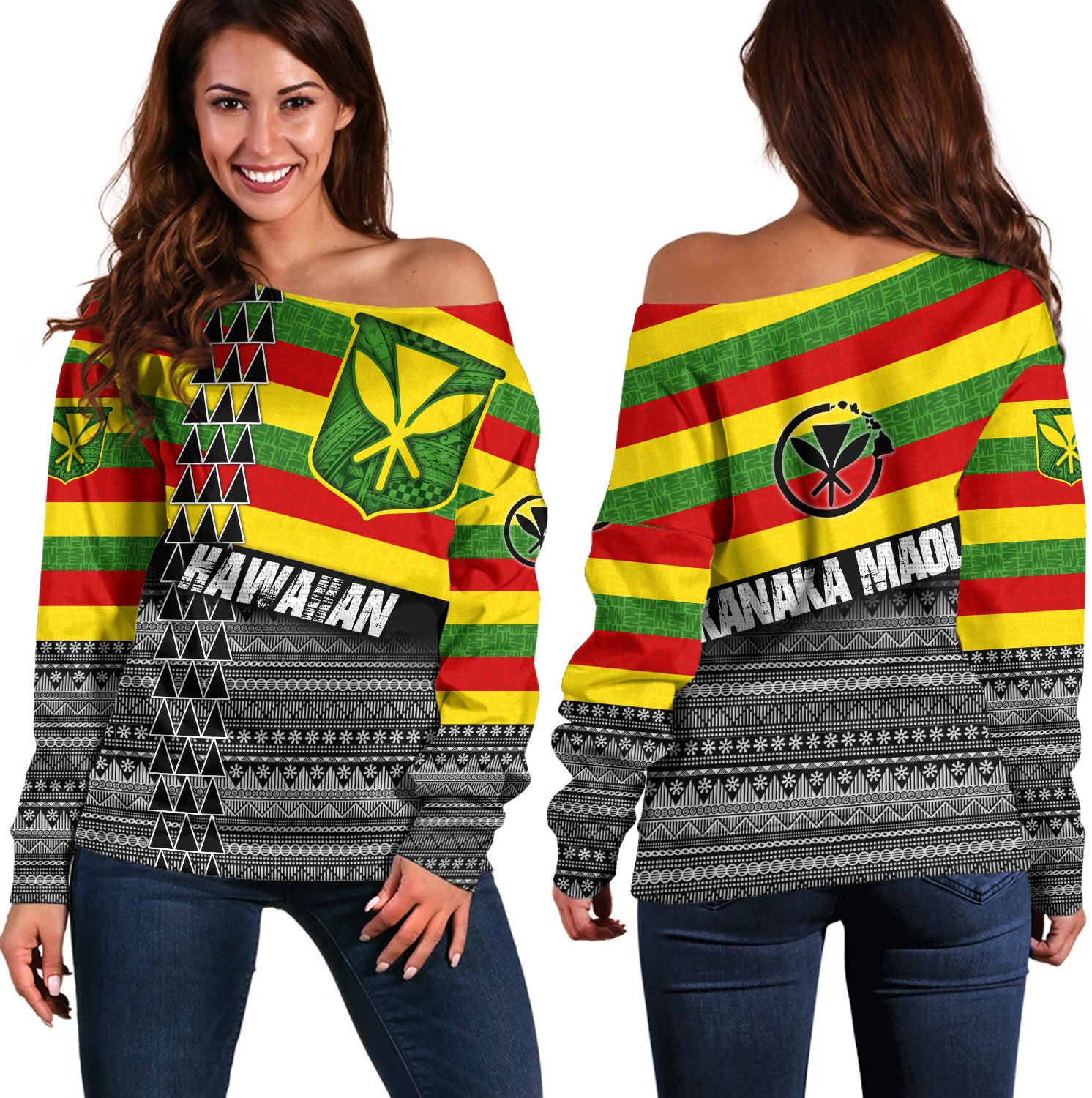Hawaii Off Shoulder Sweatshirt Kanaka Maoli Flag Polynesian Tribal Patterns Grunge Style