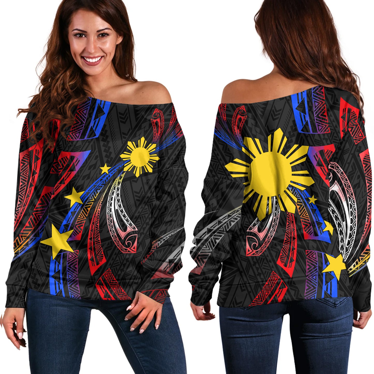 Philippines Filipinos Off Shoulder Sweatshirt Tribal Pattern Filipinos Sun
