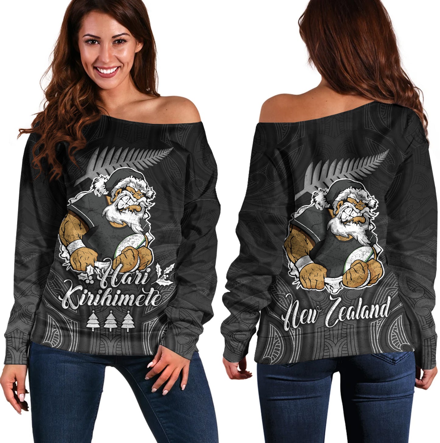 New Zealand Off Shoulder Sweatshirt Hari Kirihimete Rugby Santa Style