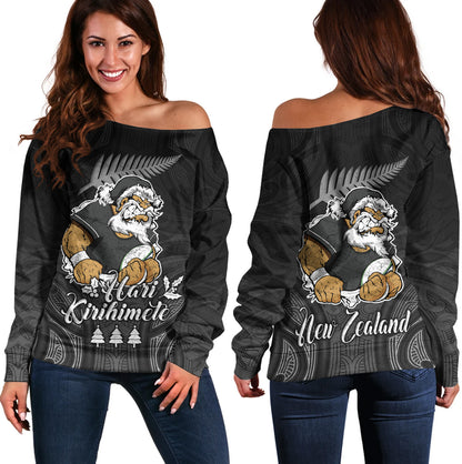 New Zealand Off Shoulder Sweatshirt Hari Kirihimete Rugby Santa Style