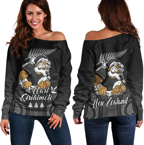 New Zealand Off Shoulder Sweatshirt Hari Kirihimete Rugby Santa Style