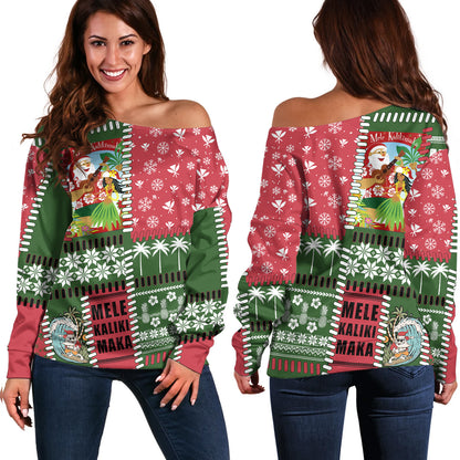 Hawaii Off Shoulder Sweatshirt Santa Surfing Mele Kalikimaka Kanaka Maoli
