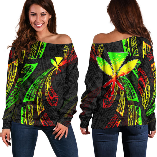 Hawaii Off Shoulder Sweatshirt Kanaka Maoli Polynesian Pattern Reggae Color