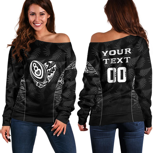 New Zealand Personalized Off Shoulder Sweatshirt Rugby Heart Maori Style Silver Fern