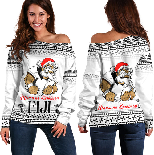 Fiji Off Shoulder Sweatshirt Marau na Kerisimasi Rugby Santa Style