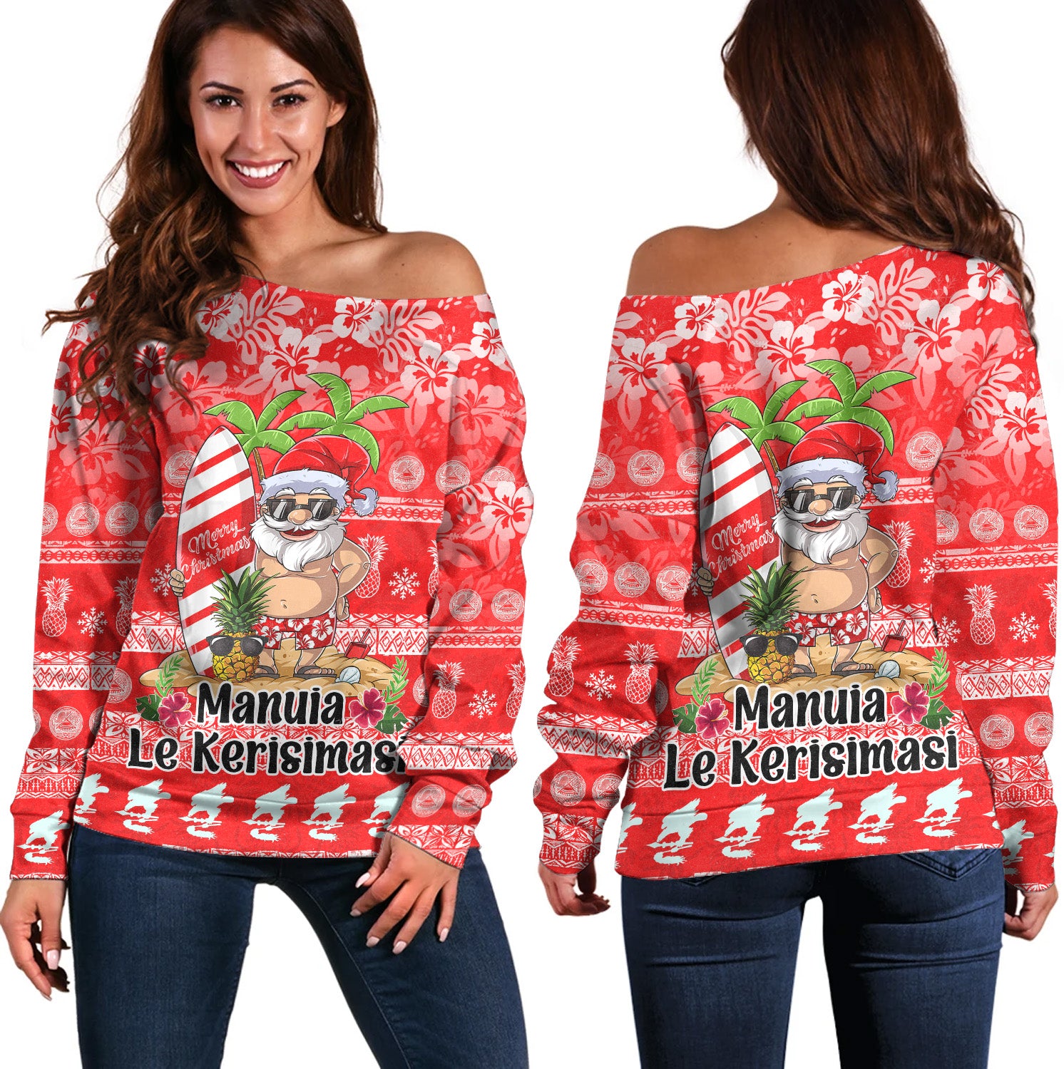 American Samoa Off Shoulder Sweatshirt Manuia Le Kerisimasi Tropical Xmas Patterns