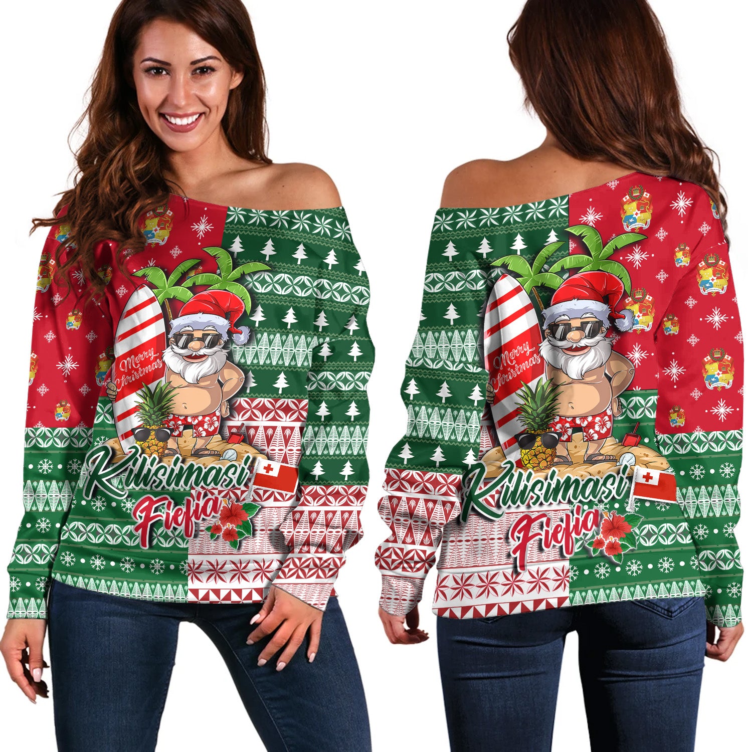 Tonga Off Shoulder Sweatshirt Kilisimasi Fiefia Tropical Xmas Patterns
