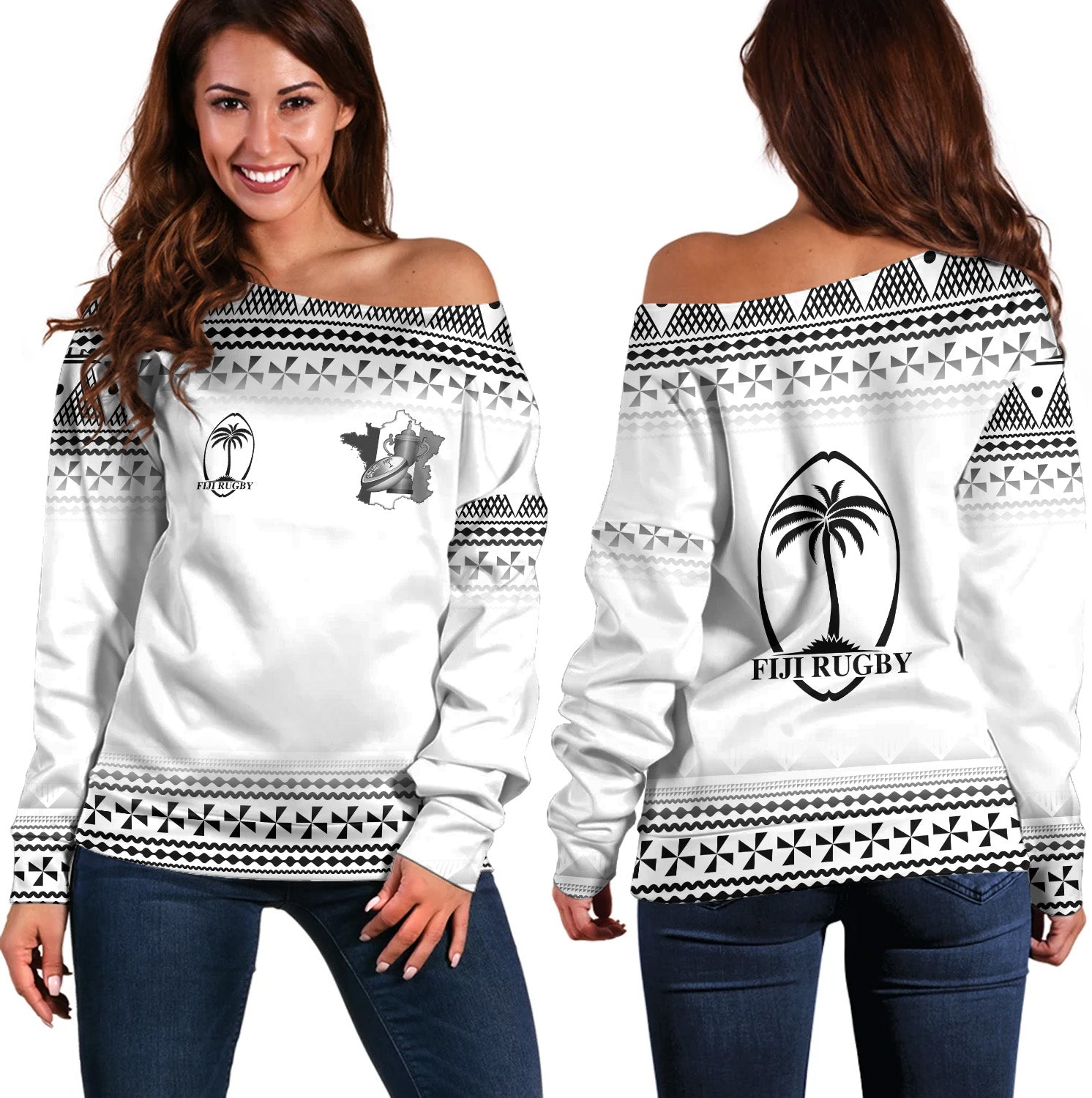 Fiji Off Shoulder Sweatshirt Rugby Ball Tapa Patterns