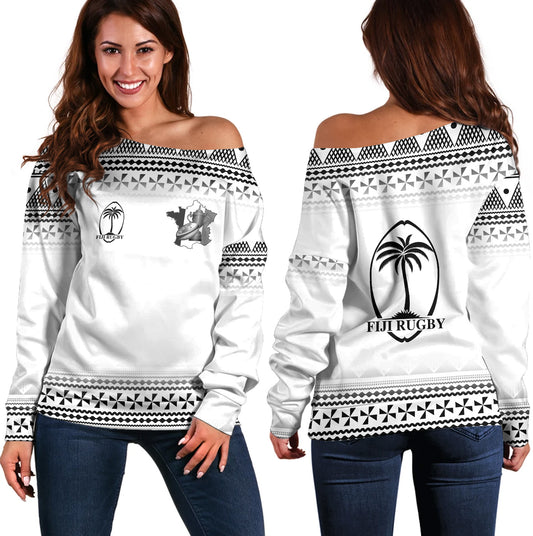 Fiji Off Shoulder Sweatshirt Rugby Ball Tapa Patterns