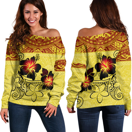 Hawaii Off Shoulder Sweatshirt Polynesian Tribal Patterns Hibiscus Flowers Yellow Color