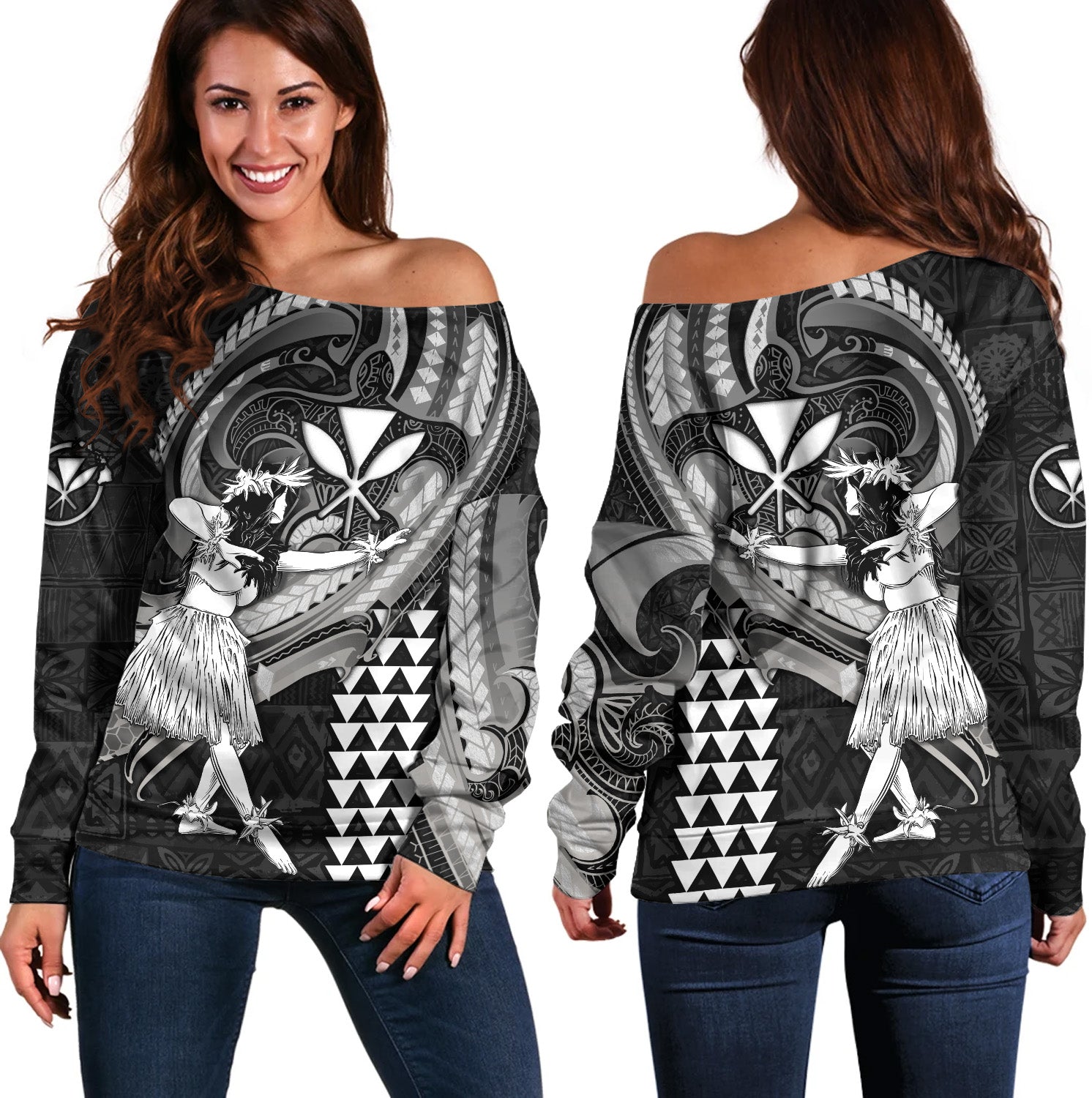 Hawaii Off Shoulder Sweatshirt Kanaka Maoli Hula Girls Polynesian Traditional Tattoo