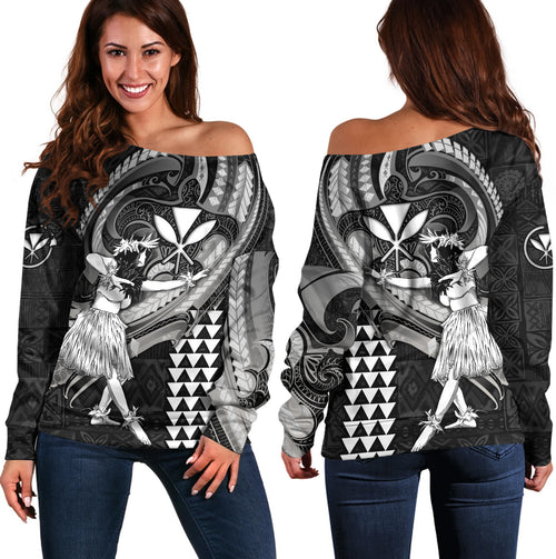 Hawaii Off Shoulder Sweatshirt Kanaka Maoli Hula Girls Polynesian Traditional Tattoo