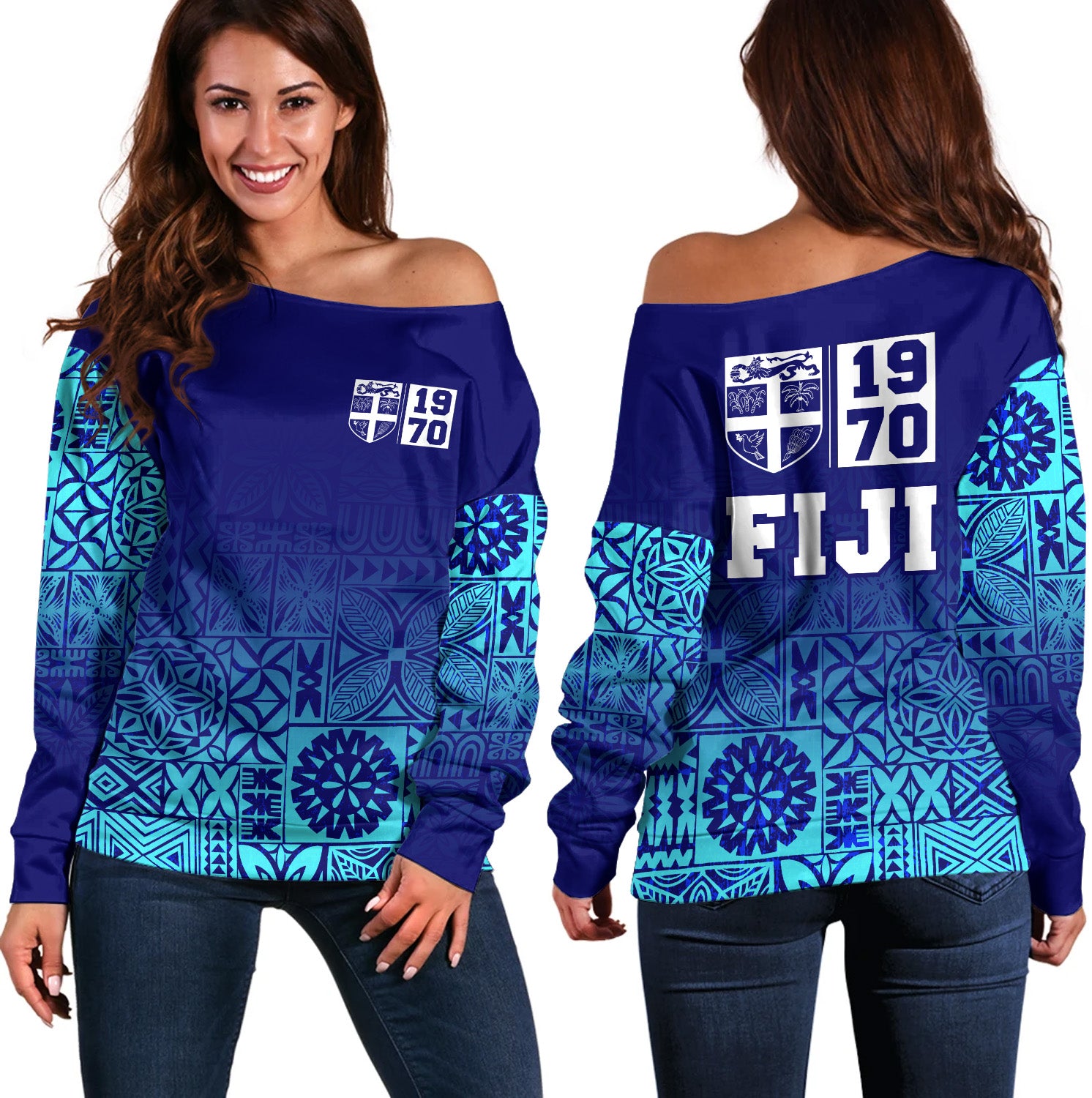 Fiji Off Shoulder Sweatshirt Fiji Independence 1970 Tapa Style