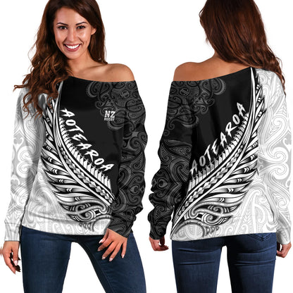 New Zealand Off Shoulder Sweatshirt Maori Silver Fern Rugby Vibe